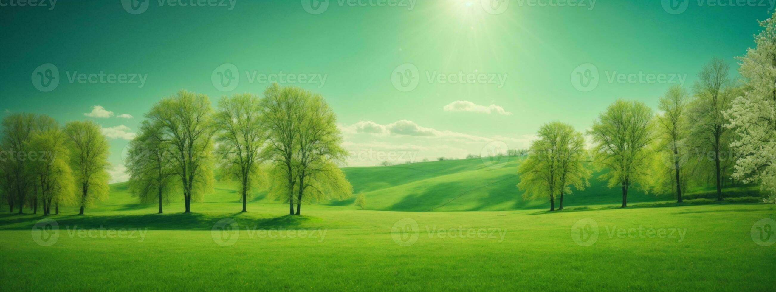 primavera naturaleza. hermosa paisaje. verde césped y arboles ai generado foto