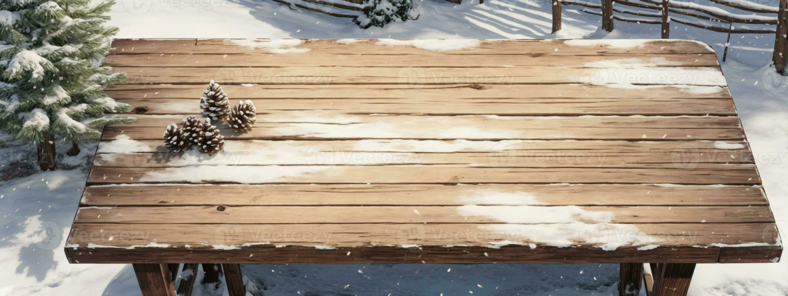 Old wood texture with snow and firtree. AI generated photo