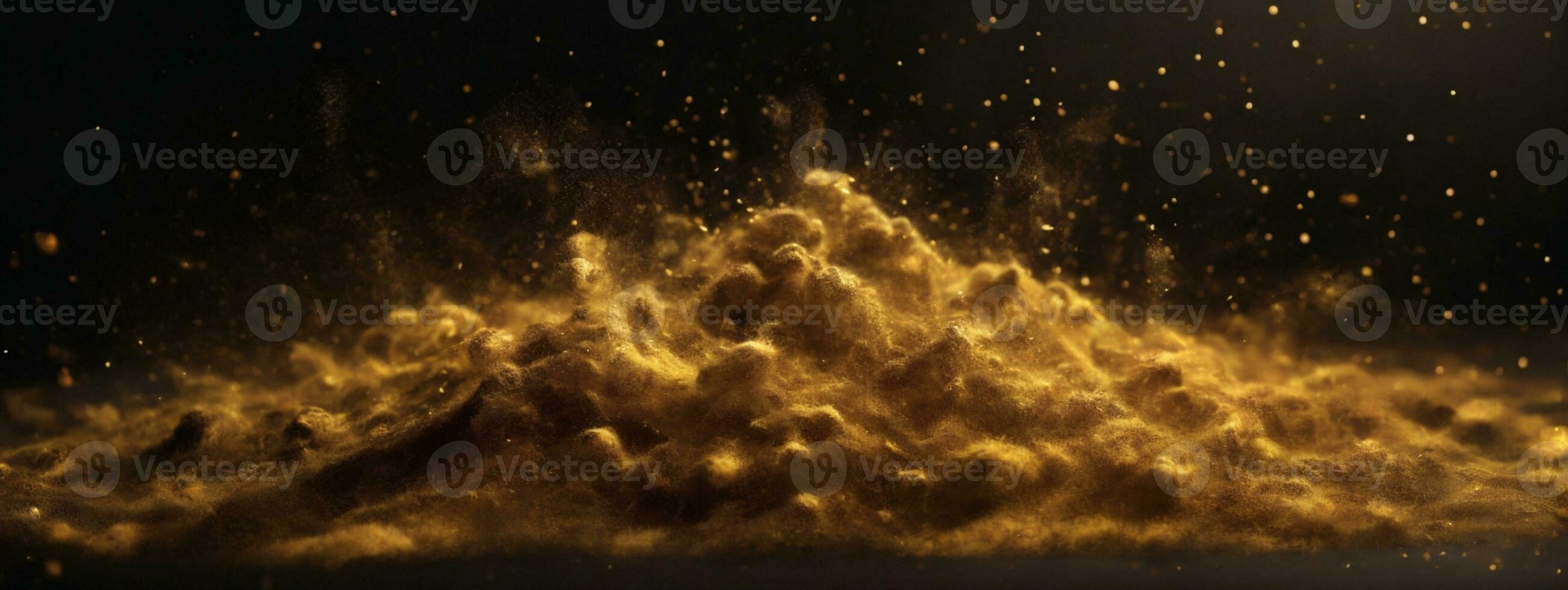 Abstract magic gold dust background over black. Beautiful golden art widescreen background. AI generated photo