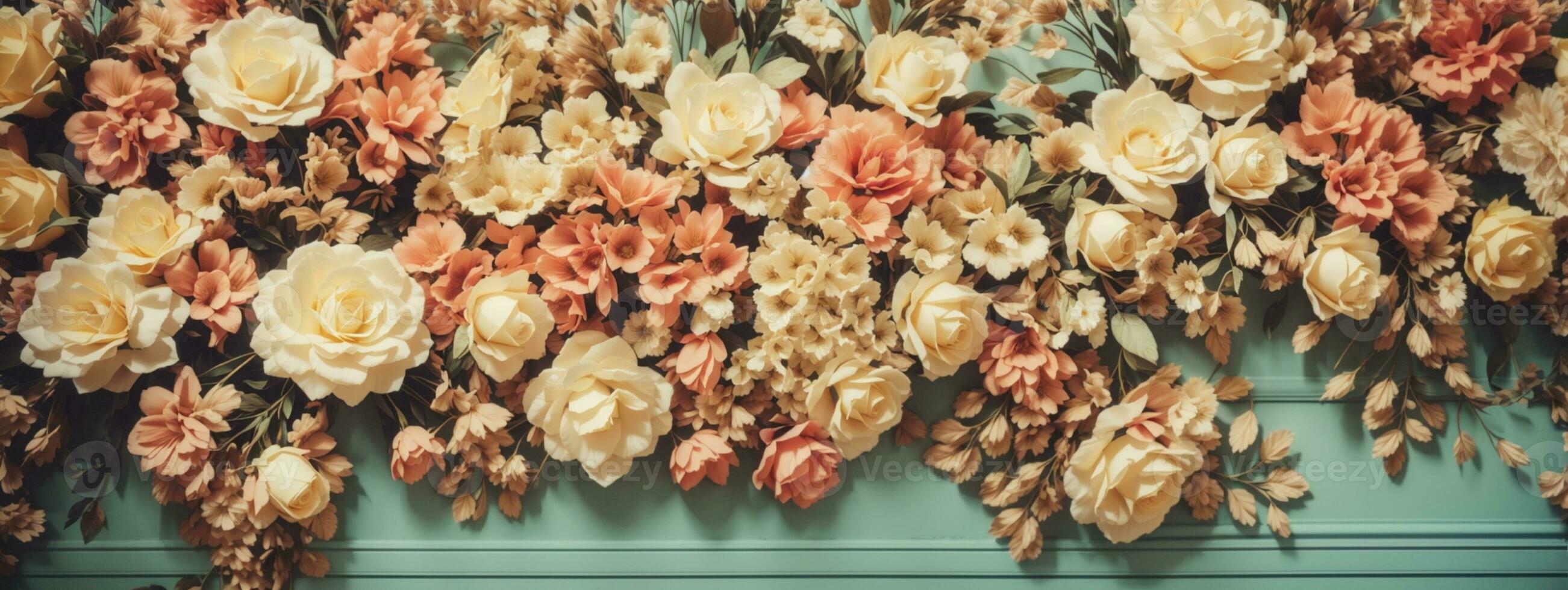 Artificial Flowers Wall for Background in vintage style. AI generated photo