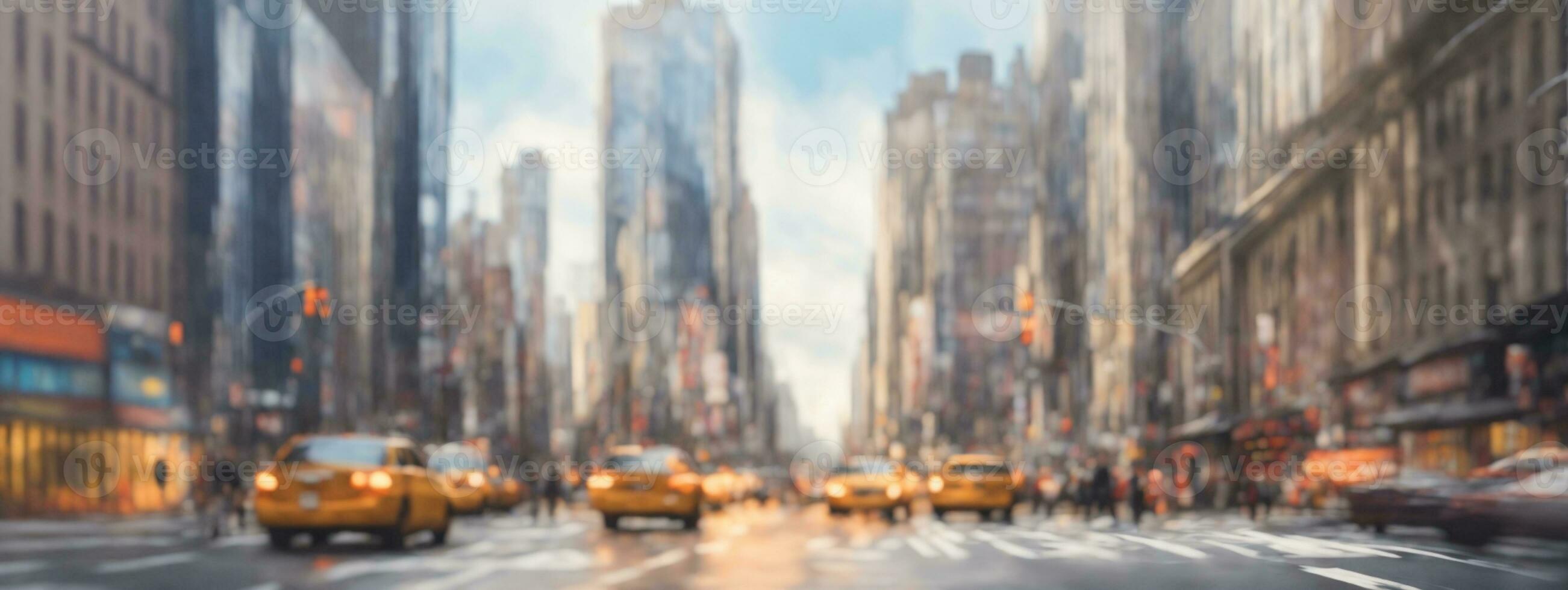 Defocused blur across urban buildings in New York City. AI generated photo