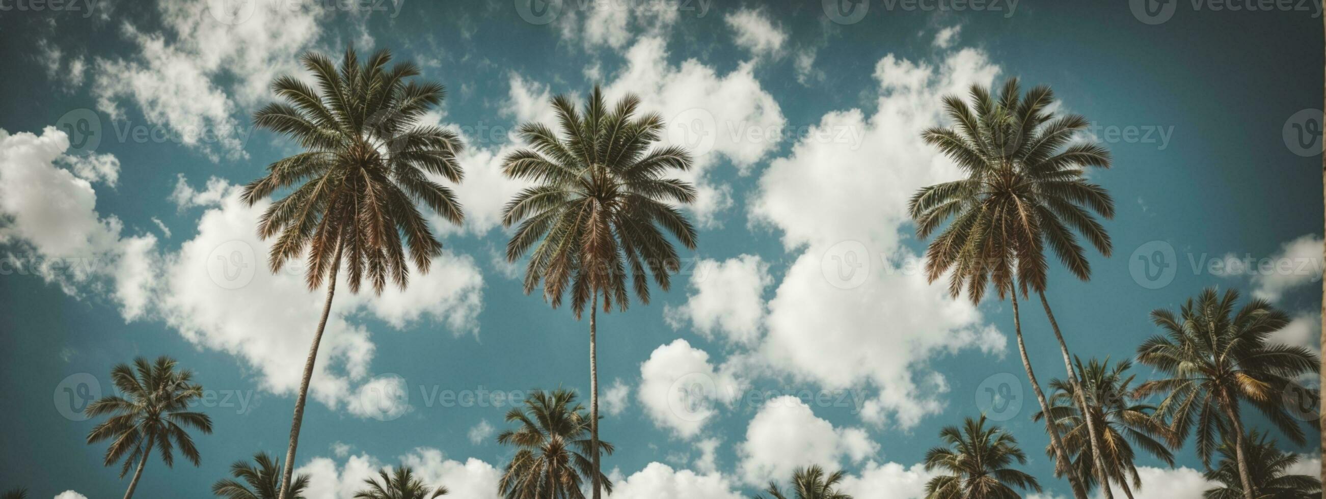 Blue sky and palm trees view from below, vintage style, tropical beach and summer background, travel concept. AI generated photo