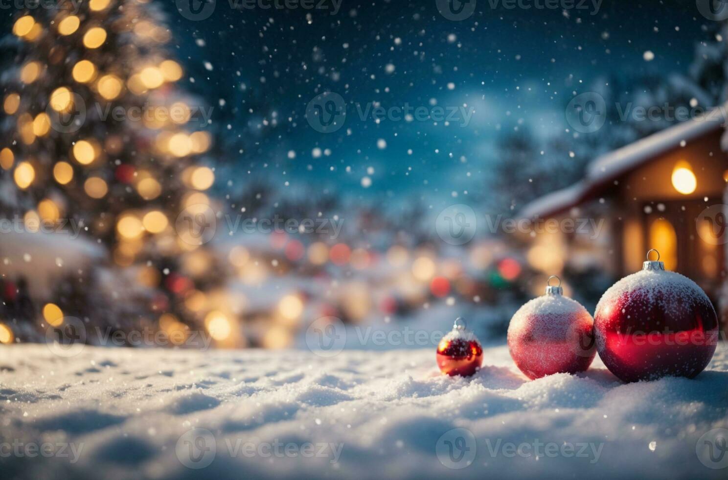 Christmas winter background with snow and blurred bokeh.Merry christmas and happy new year greeting card with copy-space. AI generated photo