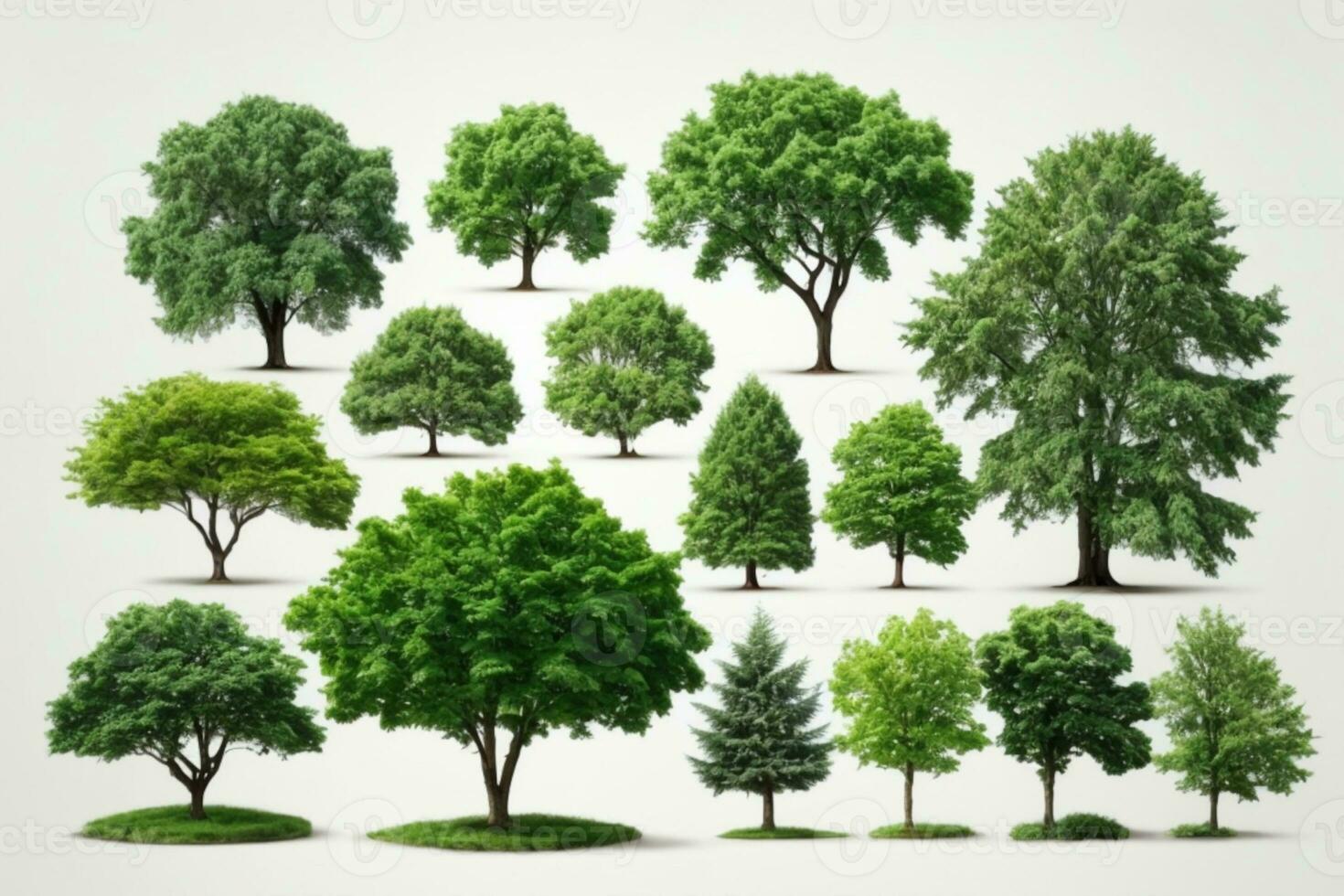 Set of green trees isolated on white background. Different kinds of tree collection. AI generated photo