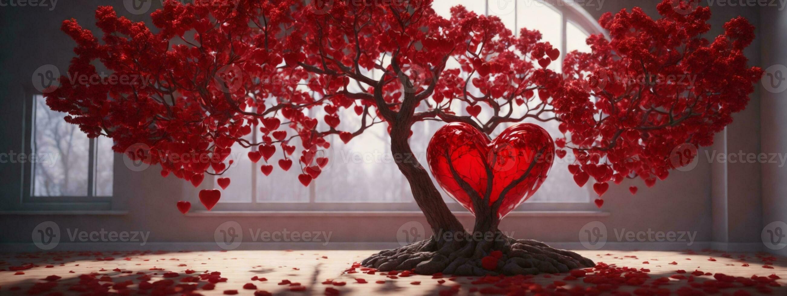 Red heart shaped tree. AI generated photo