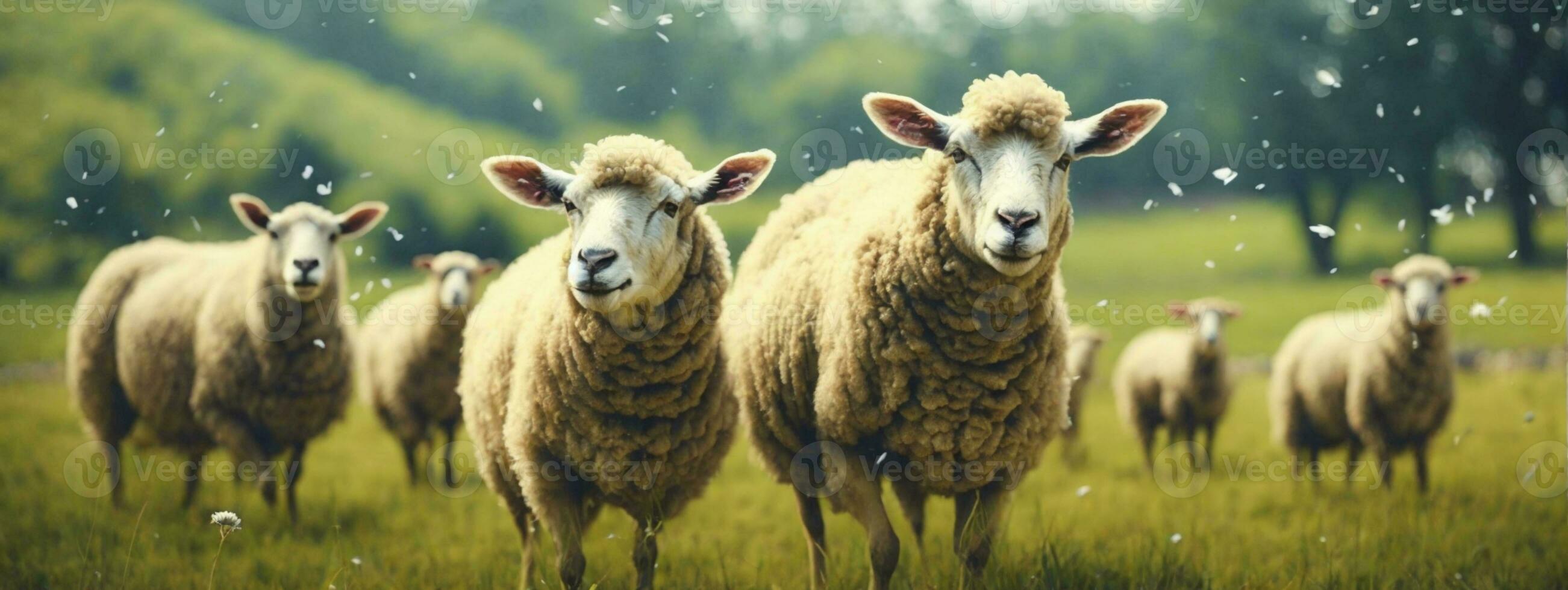 Sheep on pasture. AI generated photo