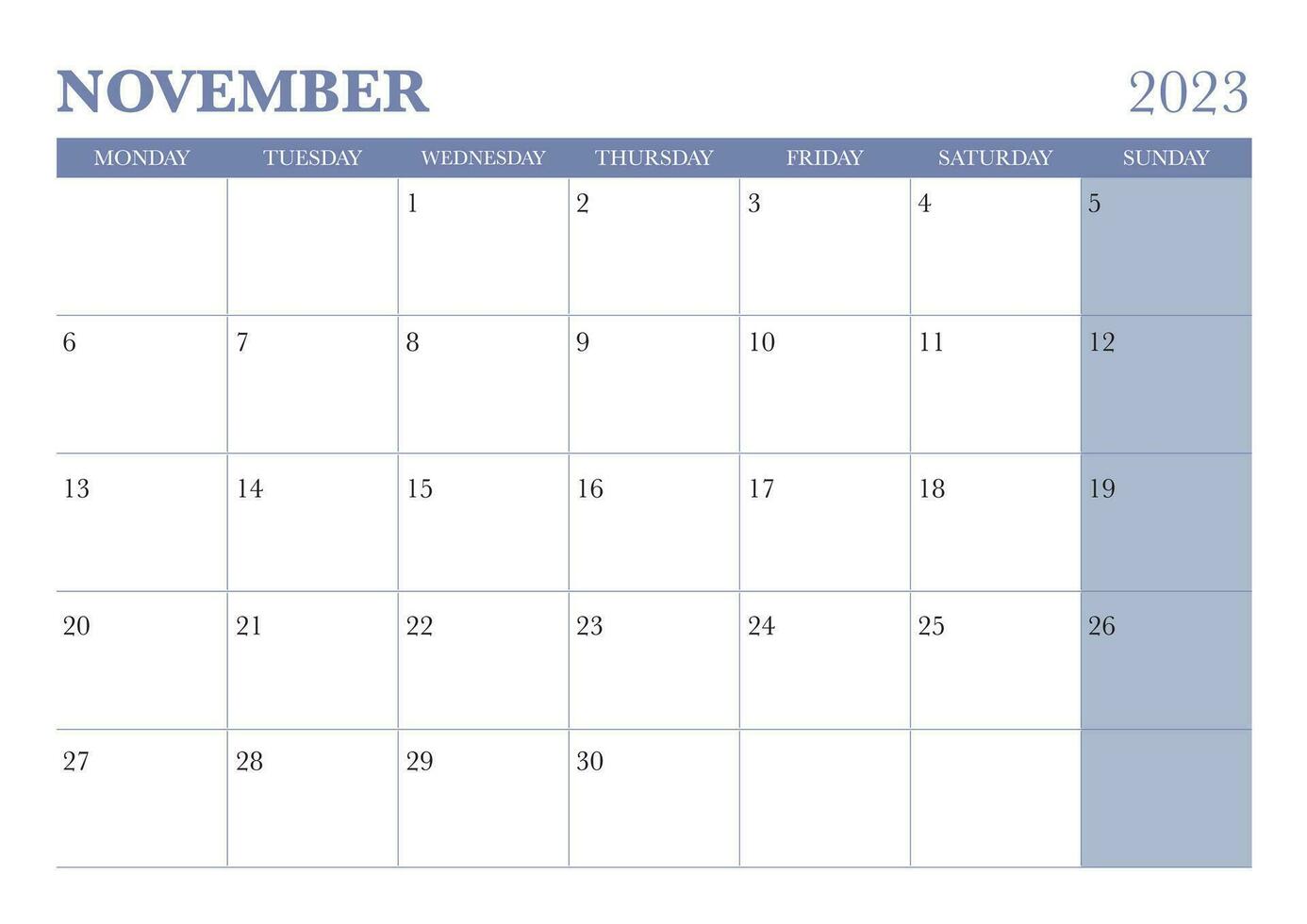 2023 november calendar start on monday, purple color vector