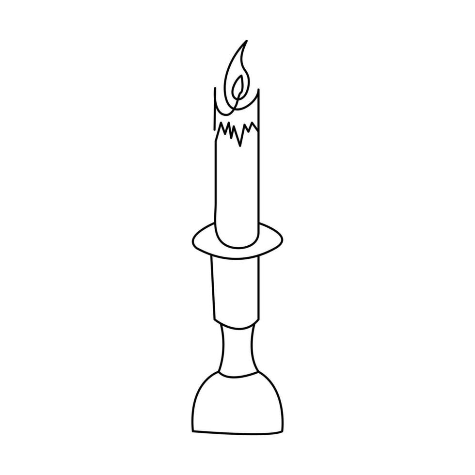 One continuous line drawing of candle lighted and Burning fire and melting candle Light in the dark black outline Vector illustration design