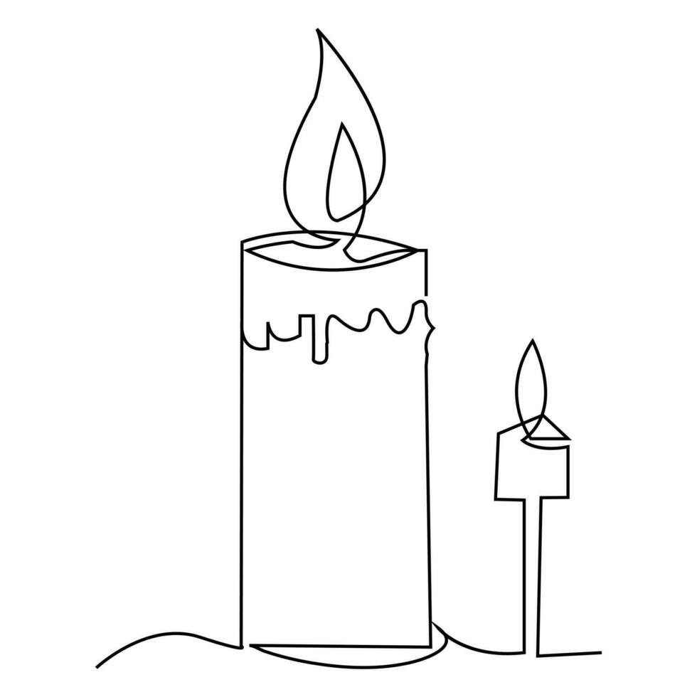 One continuous line drawing of candle lighted and Burning fire and melting candle Light in the dark black outline Vector illustration design