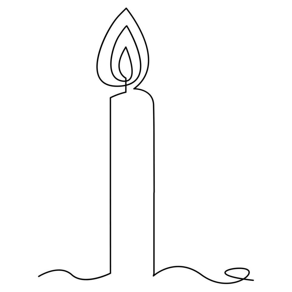 One continuous line drawing of candle lighted and Burning fire and melting candle Light in the dark black outline Vector illustration design