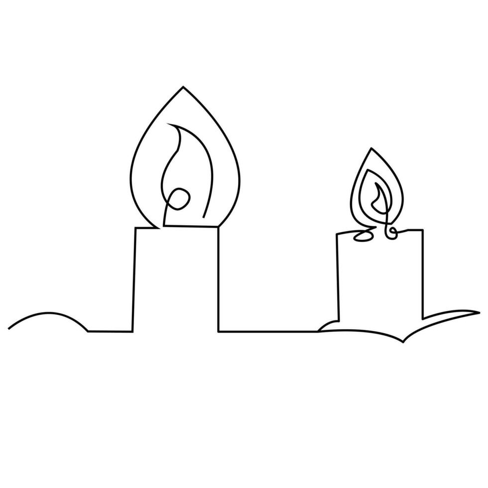 One continuous line drawing of candle lighted and Burning fire and melting candle Light in the dark black outline Vector illustration design