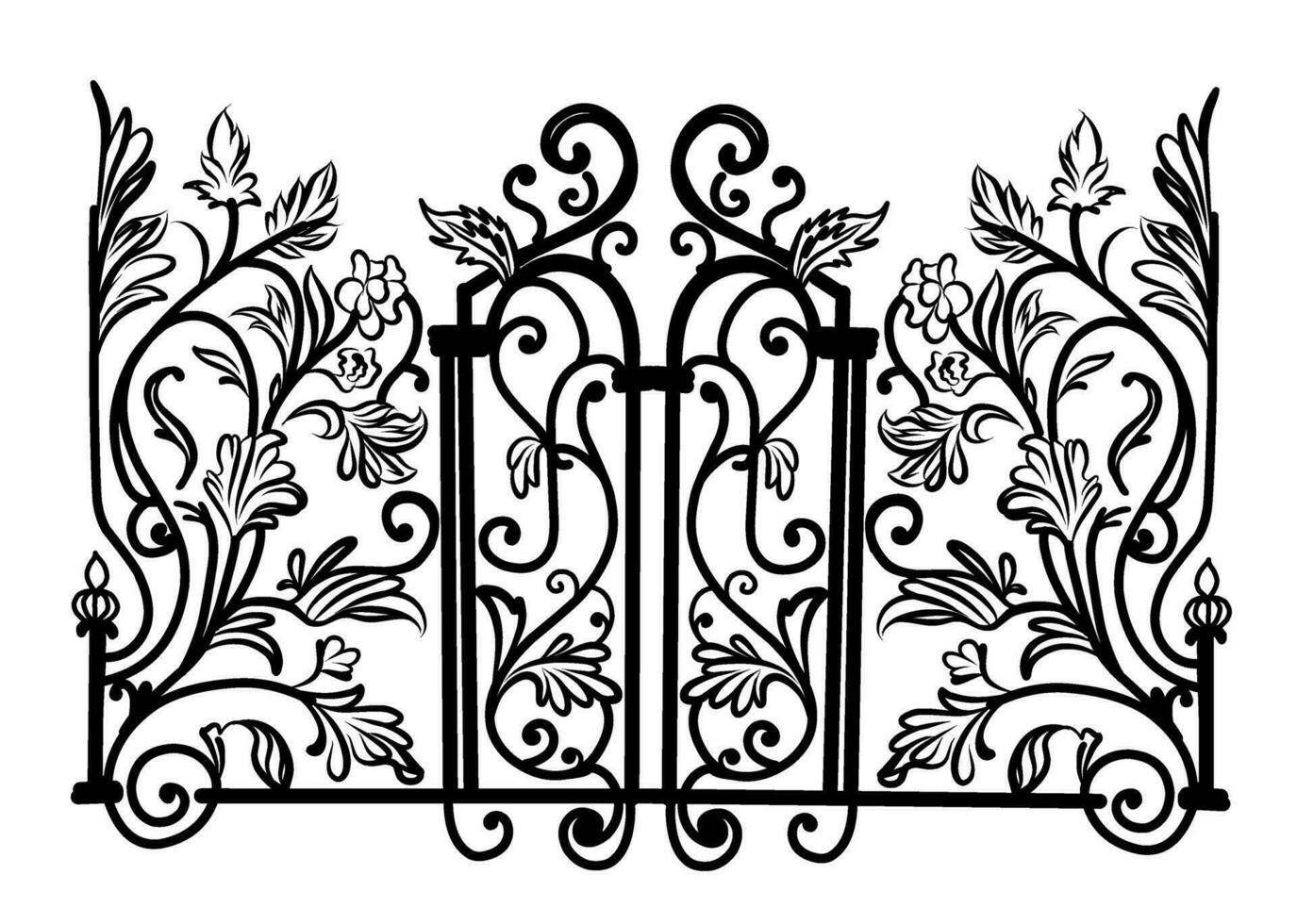 Sketch of forged metal gates. Artistic forging double-leaf garden doors made of iron. vector