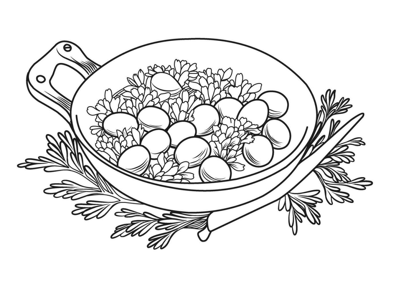 Coloring page frying pan with food. Rosemary sprigs, cooking vector