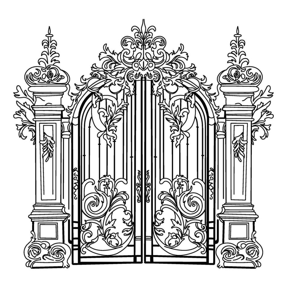 bosquejo de falsificado metal puertas artístico forjar Hoja doble jardín puertas hecho de hierro. vector