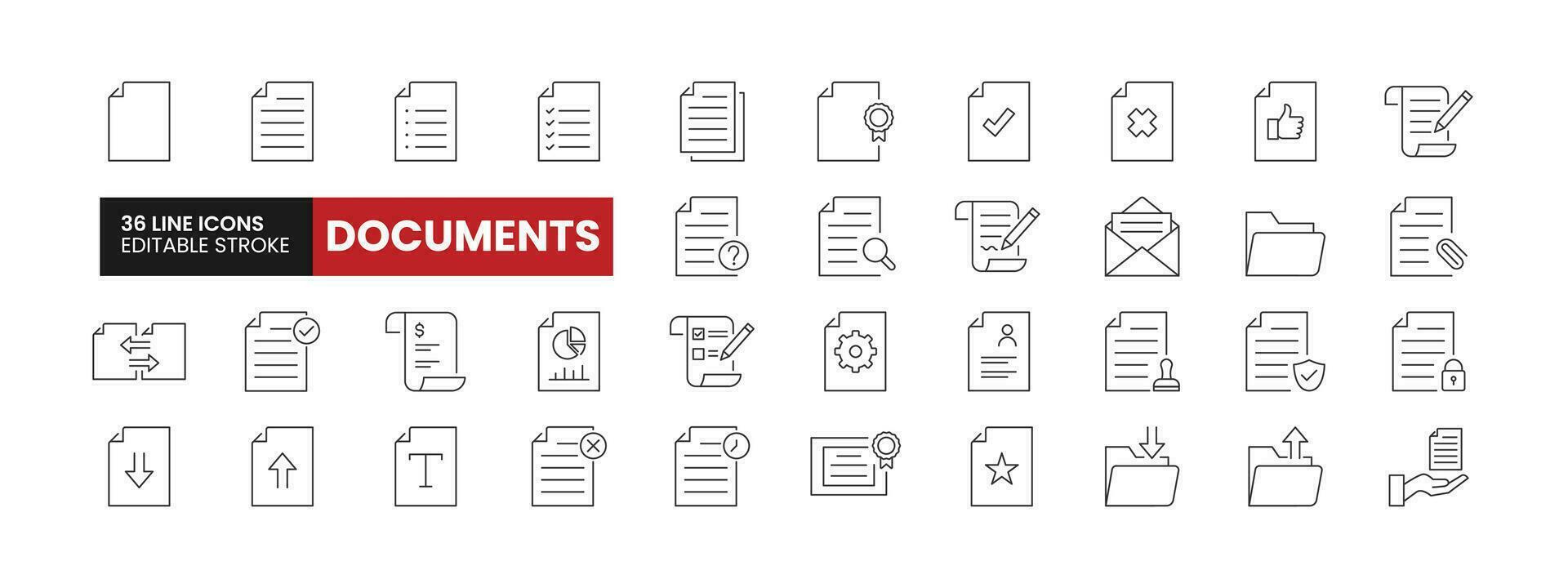 Set of 36 Documents line icons set. Documents outline icons with editable stroke collection. Includes Document Files, Upload, Download, Receipt, Document Approval, and More. vector