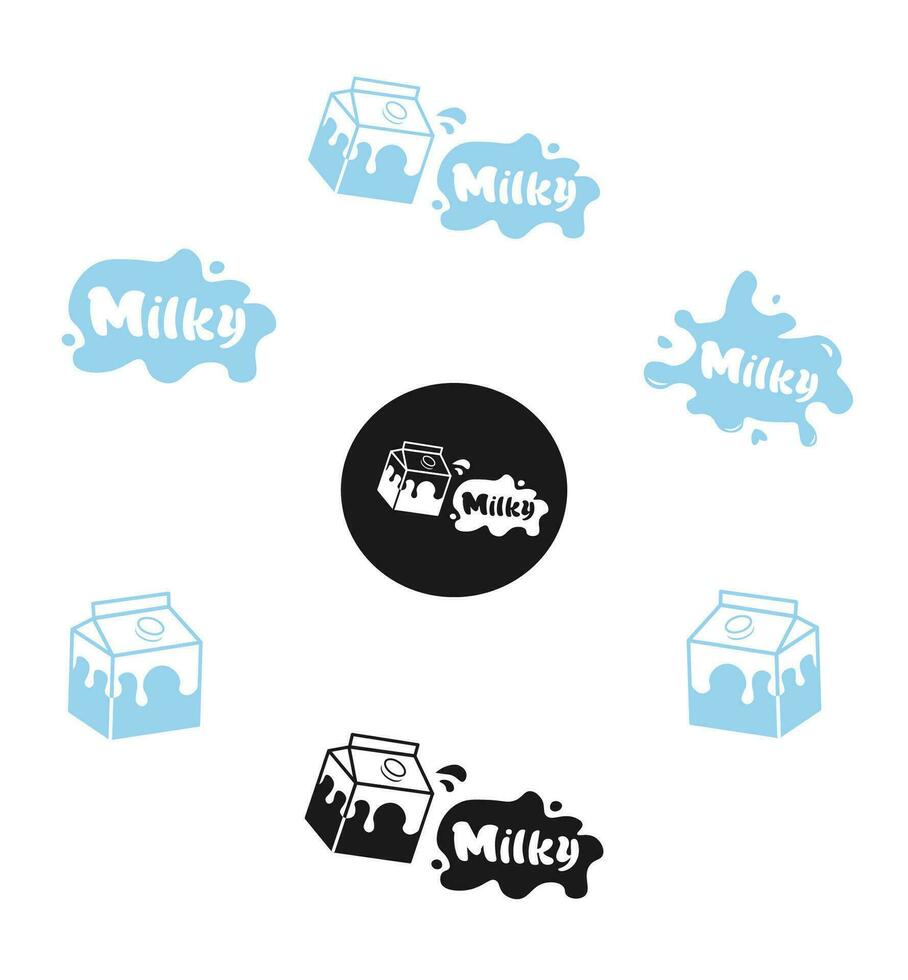 Dairy product branding set, Milk splash, milk packaging, sticker vector