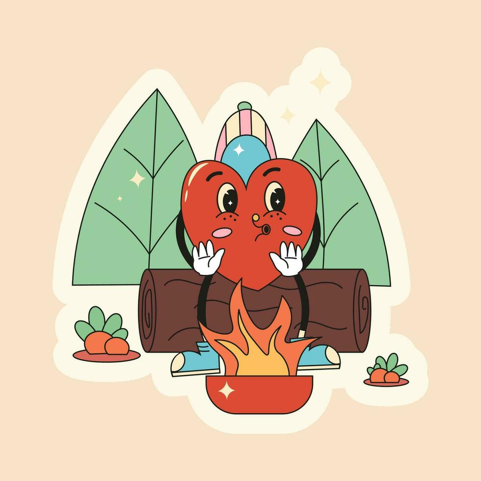 Sticker with a heart character sitting near the fire in the forest vector