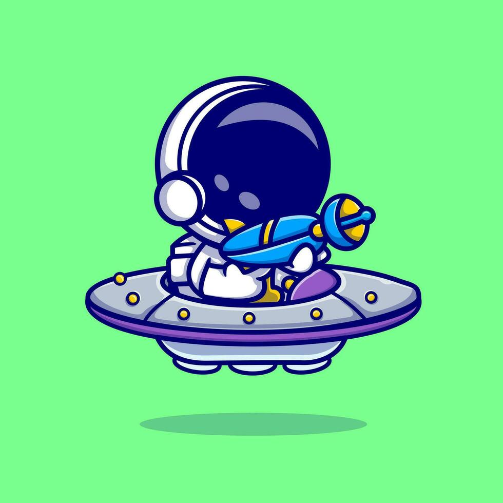 astronauta participación arma en OVNI astronave dibujos animados vector icono ilustración. Ciencias tecnología icono concepto aislado prima vector. plano dibujos animados estilo