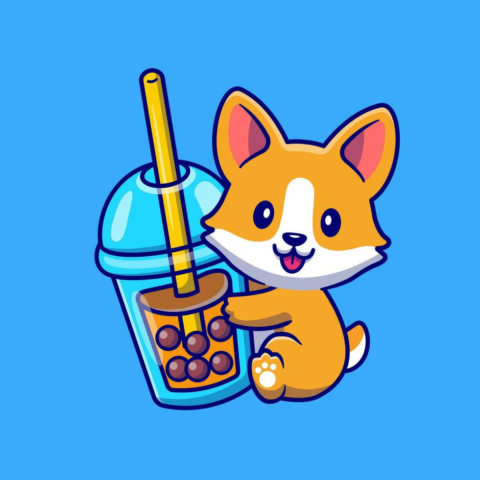 Cute Corgi Dog With Bubble Milk Tea Cartoon Vector Icon  Illustration. Animal Drink Icon Concept Isolated Premium  Vector. Flat Cartoon Style