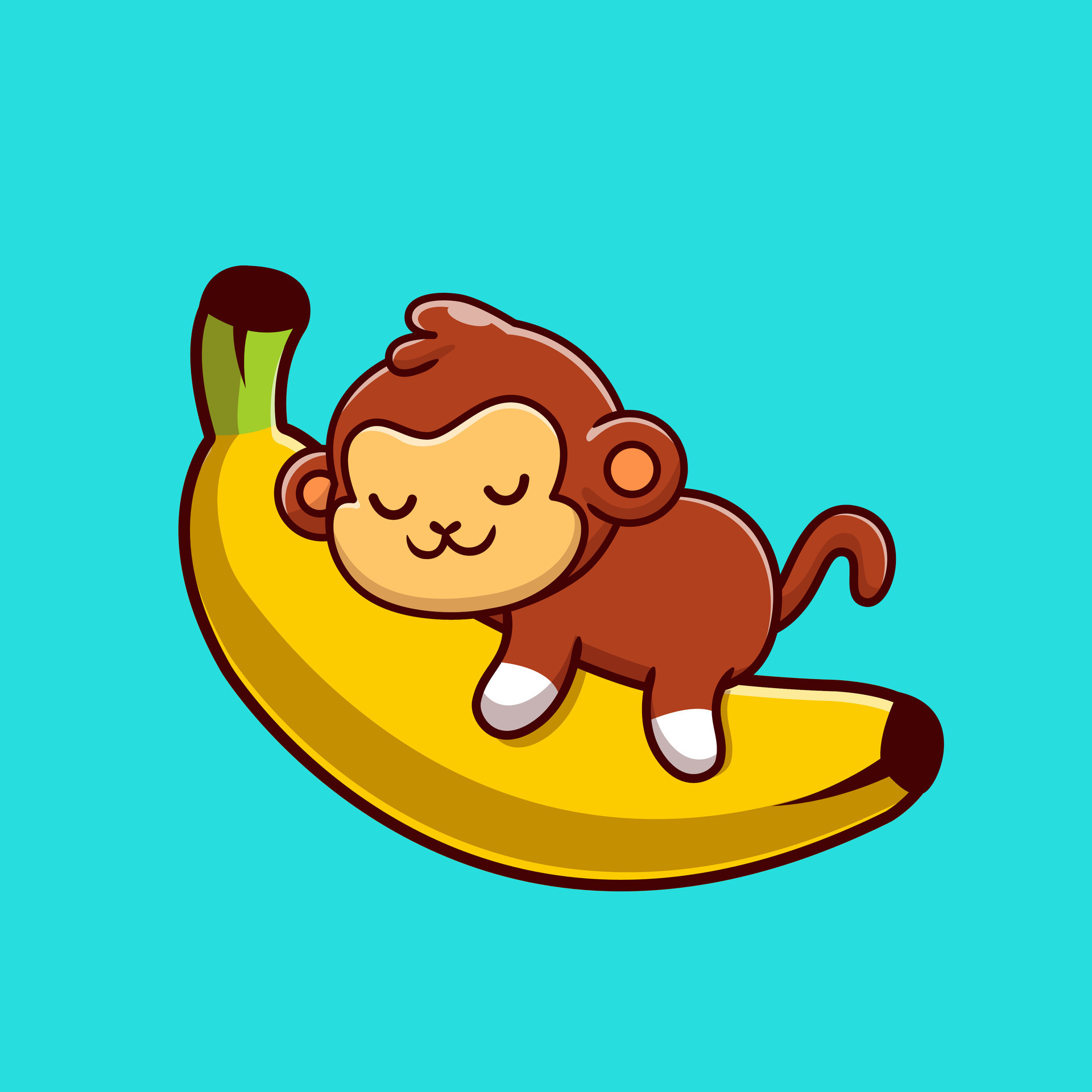 Cute Monkey Sleeping On The Banana Cartoon Vector Icon Illustration
