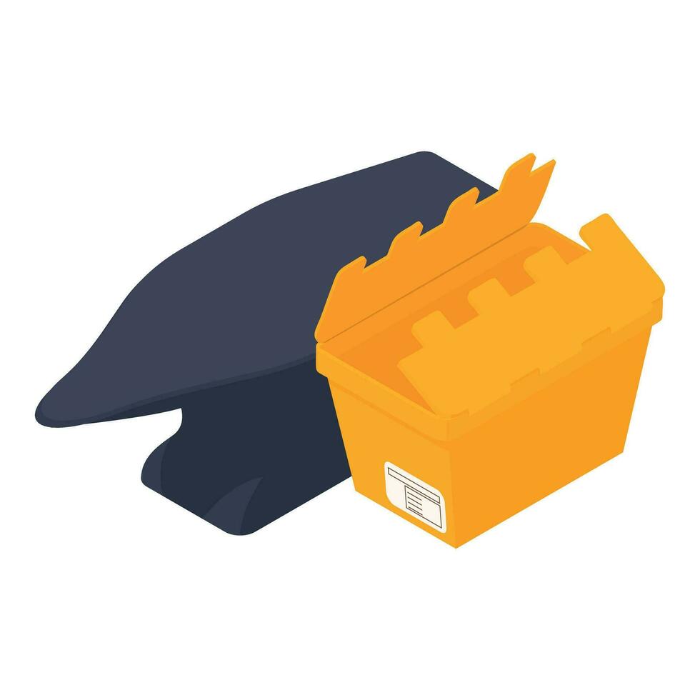 Blacksmith tool icon isometric vector. Blacksmith anvil and opened postal parcel vector