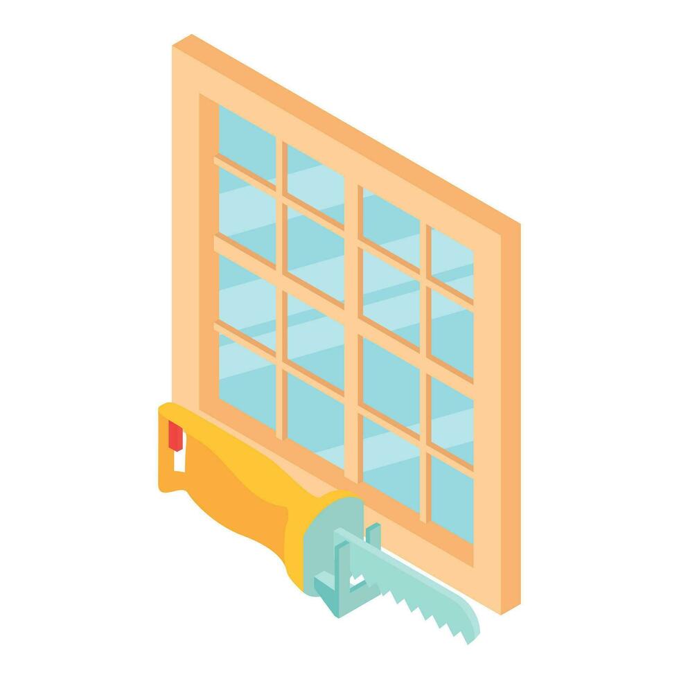 Hand tool icon isometric vector. Yellow reciprocating saw and large window icon vector