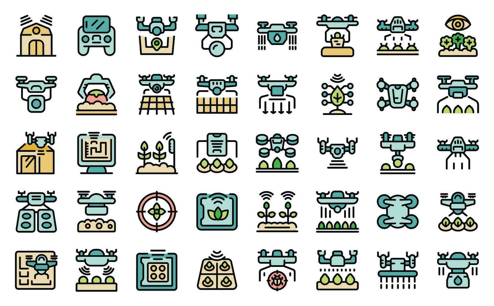 Drones in agriculture icons set vector line color