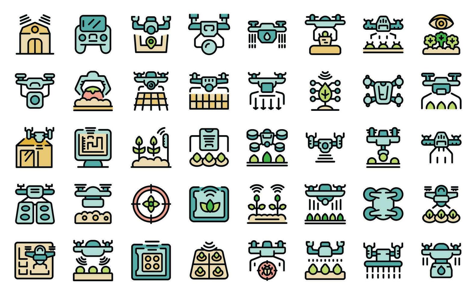 Drones in agriculture icons set vector line color