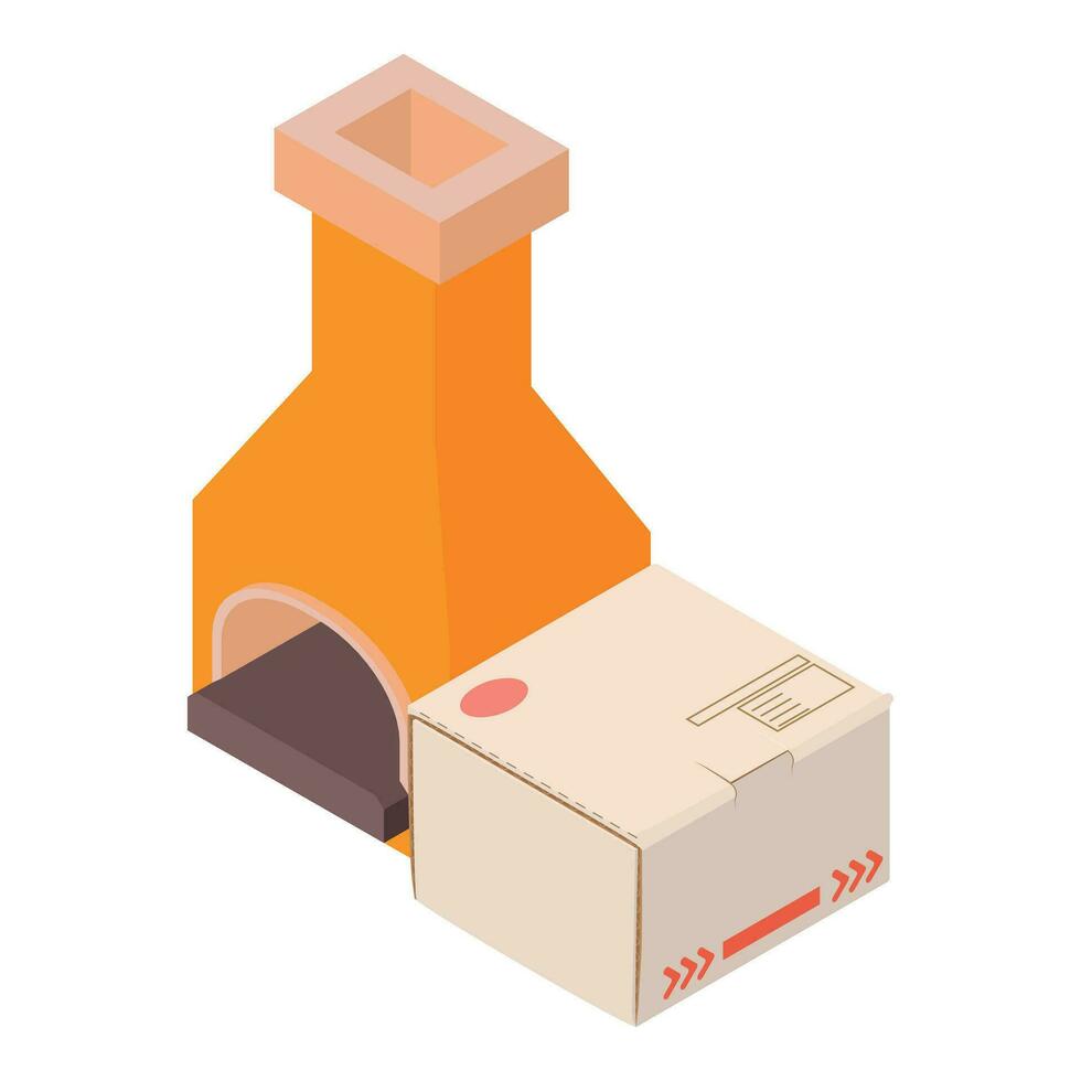Furnace equipment icon isometric vector. Closed postal parcel near brick furnace vector