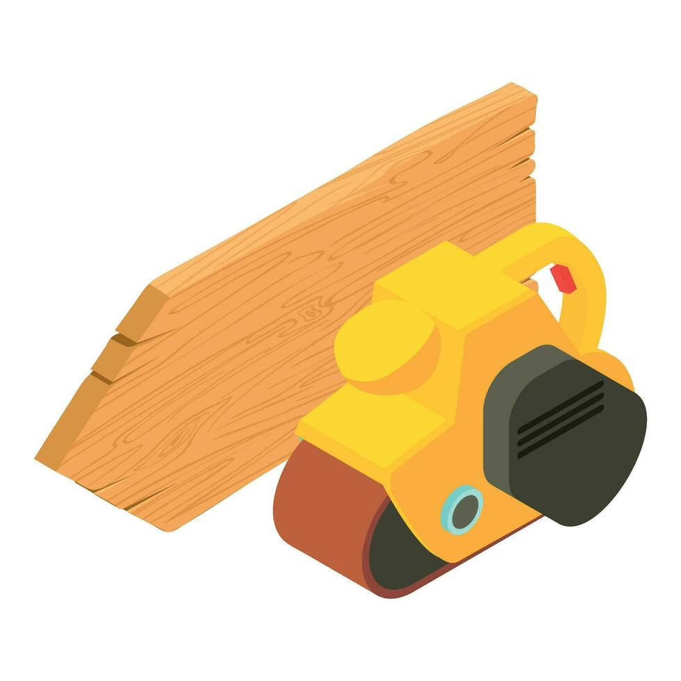 Power tool icon isometric vector. Handheld electric power tool and wooden plank vector