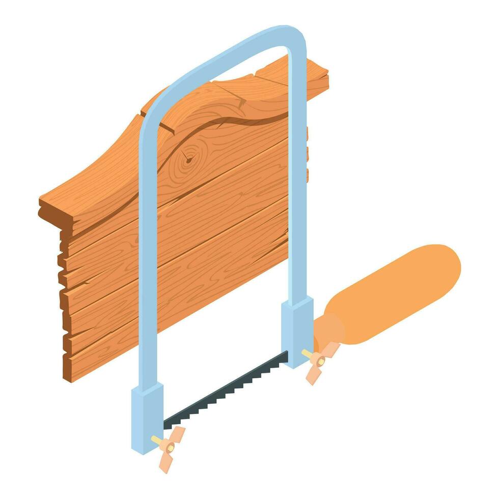 Carpentry work icon isometric vector. New coping saw and old wooden board icon vector