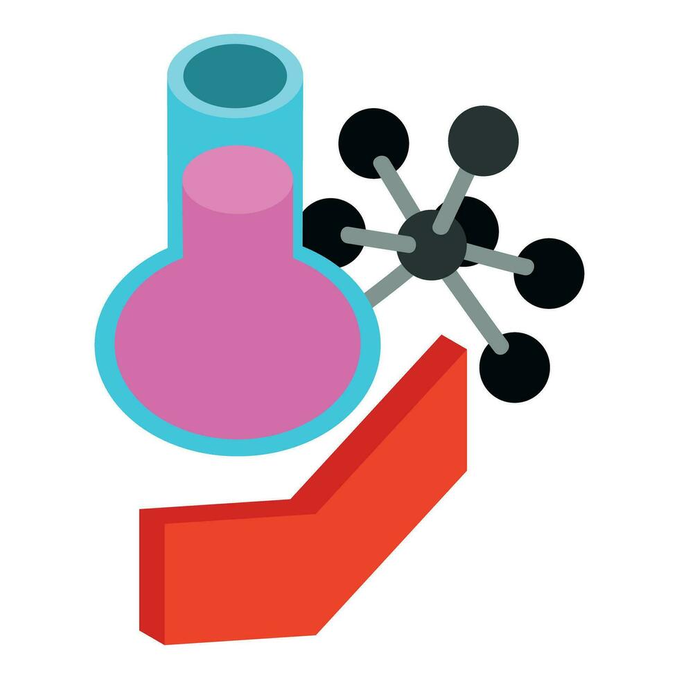 Science concept icon isometric vector. Chemical flask molecule model and arrow vector