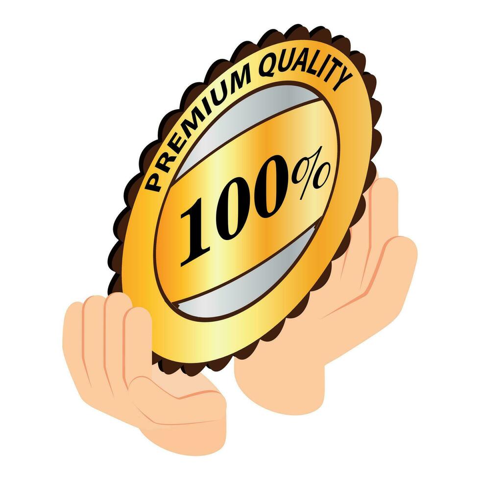 Warranty sign icon isometric vector. Gold premium quality sign in human hand vector