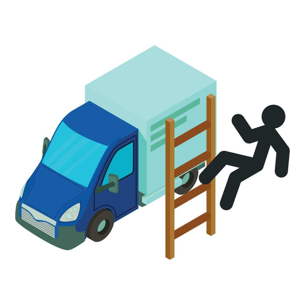 Worker insurance icon isometric vector. Man falls from wood ladder near truck vector