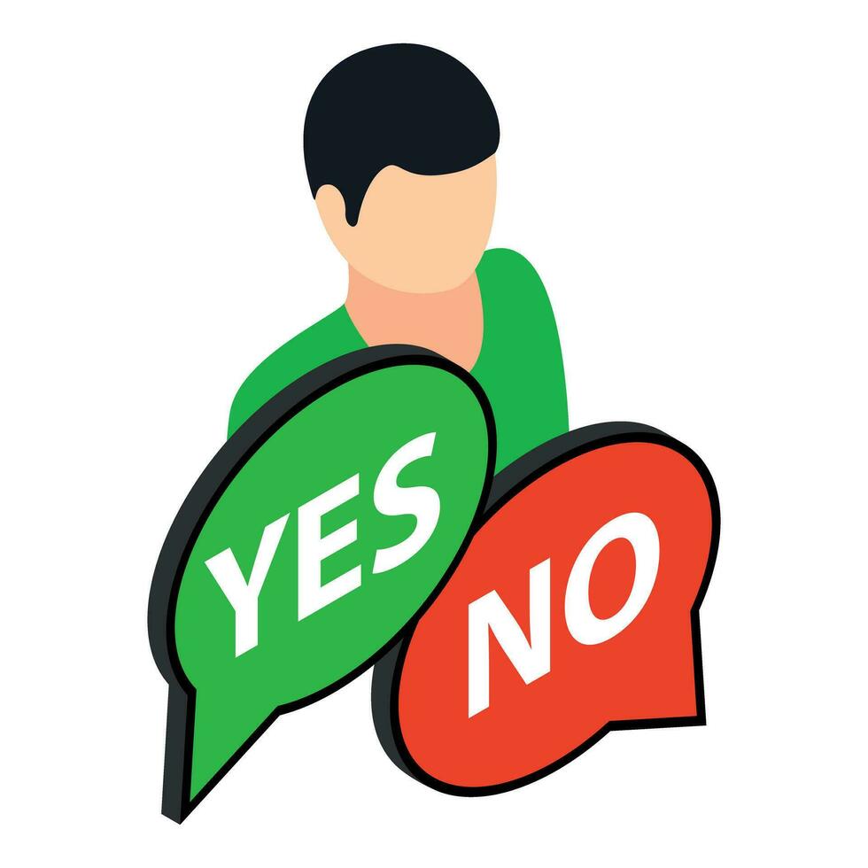 Choice concept icon isometric vector. Man and speech bubble with yes and no sign vector