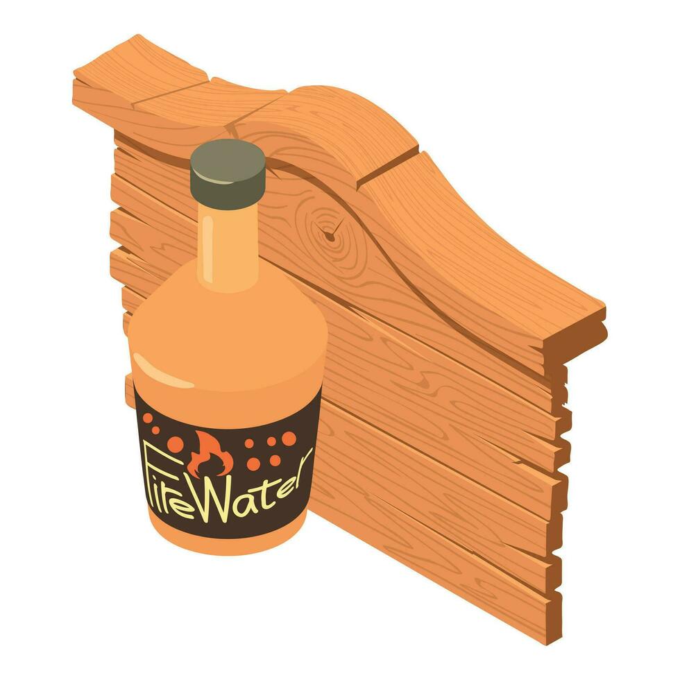 Bar signboard icon isometric vector. Fire water bottle and old wooden signboard vector