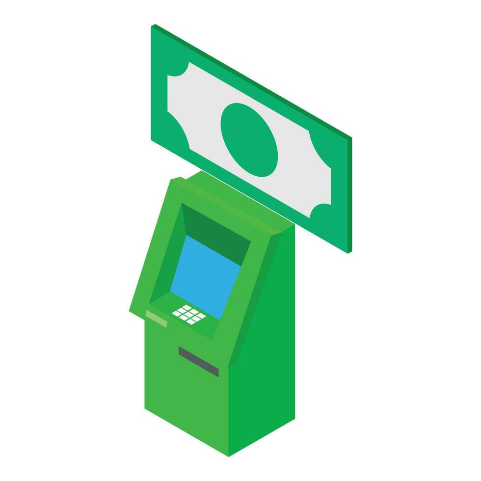 Atm machine icon isometric vector. New green atm machine and big dollar banknote vector