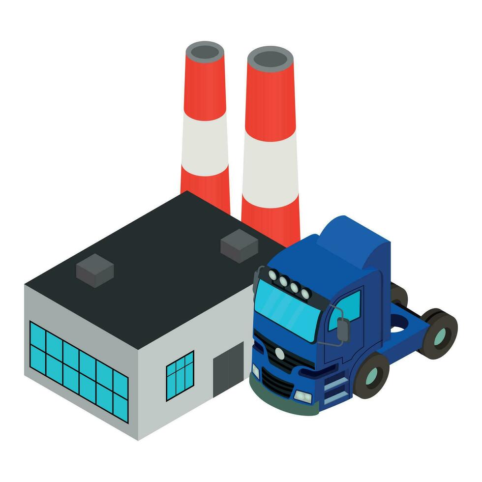 Production insurance icon isometric vector. Big truck near factory building icon vector