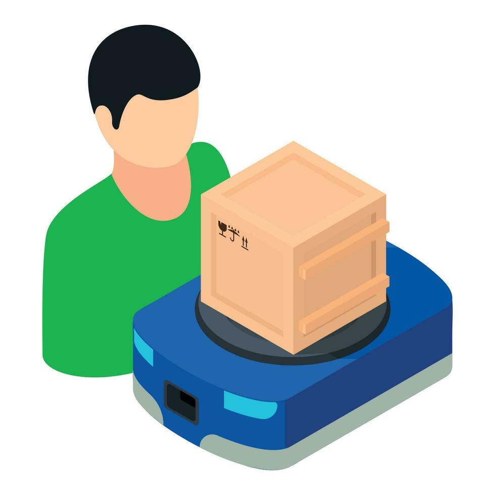 Warehouse logistic icon isometric vector. Human near warehouse robot with parcel vector