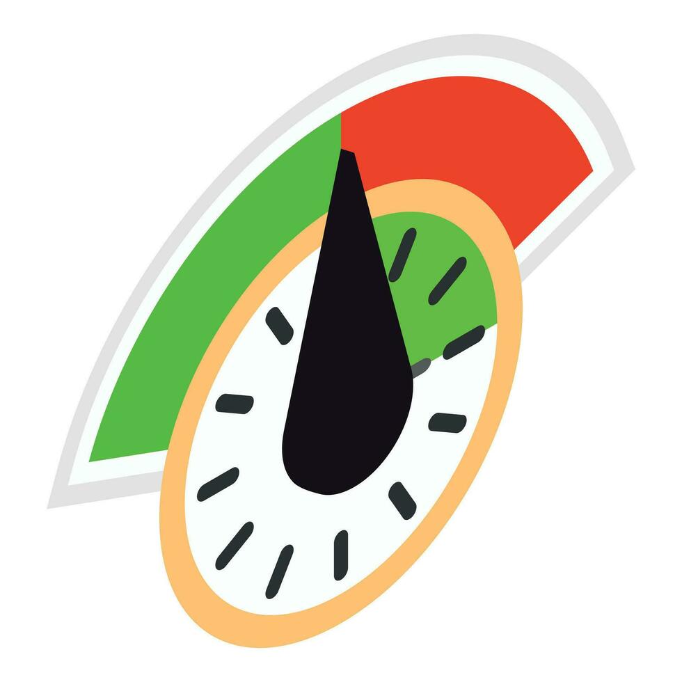 Speedometer icon isometric vector. Speedometer with green and red sector icon vector