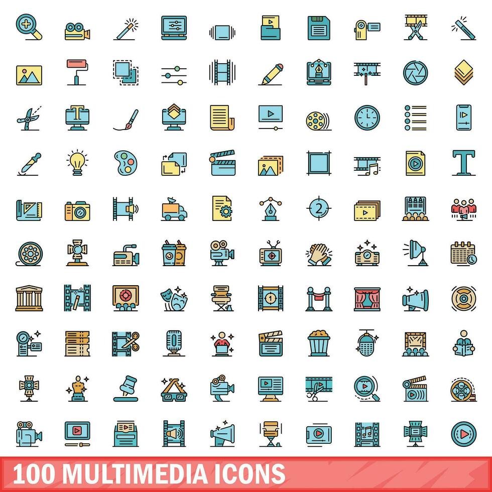 100 multimedia icons set, color line style vector