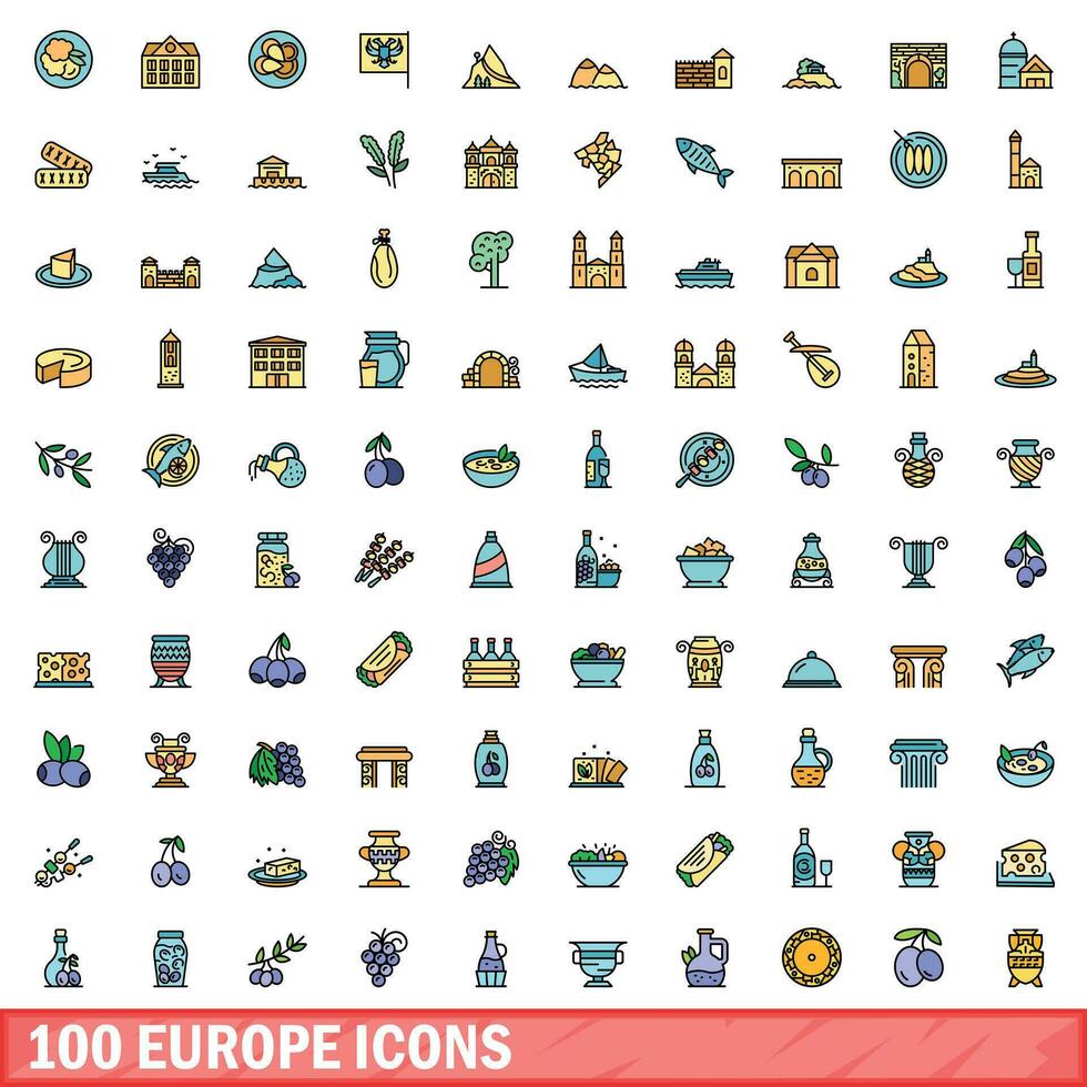 100 europe icons set, color line style vector