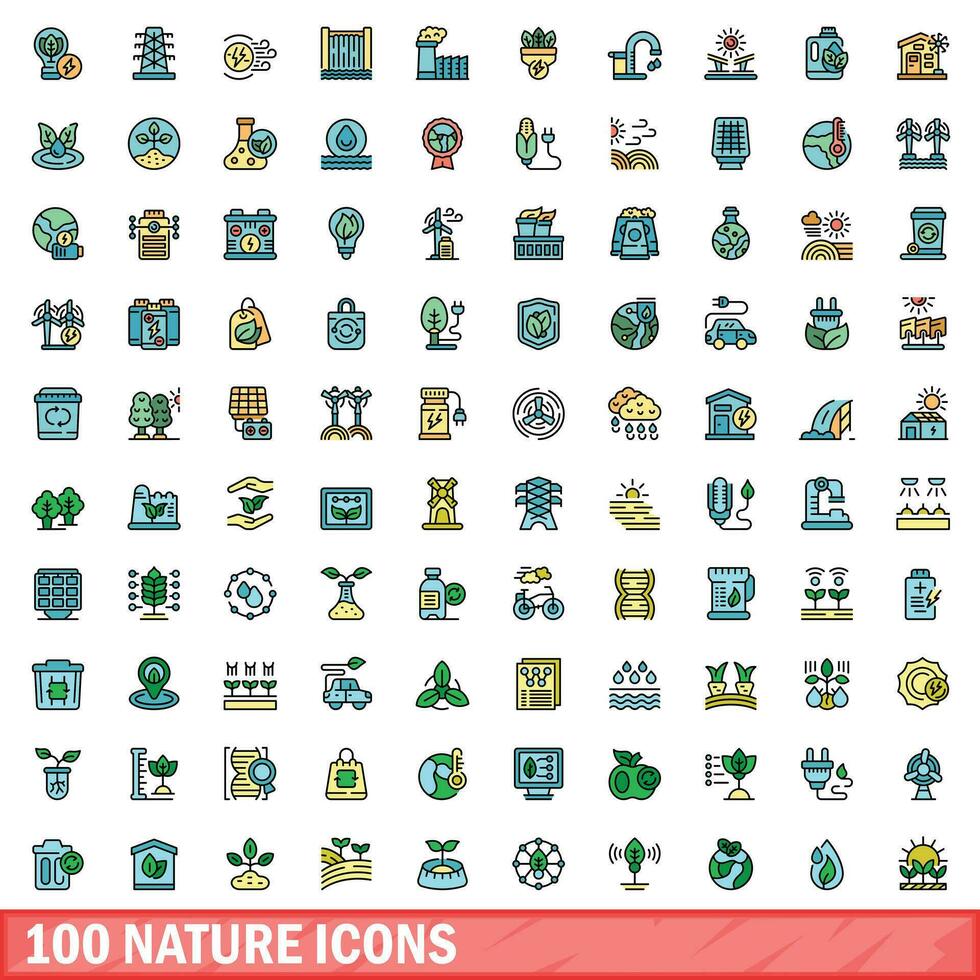 100 nature icons set, color line style vector