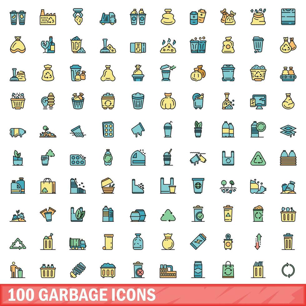 100 garbage icons set, color line style vector