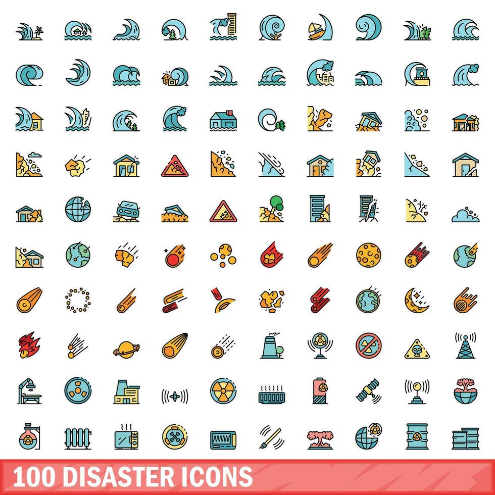 100 disaster icons set, color line style vector