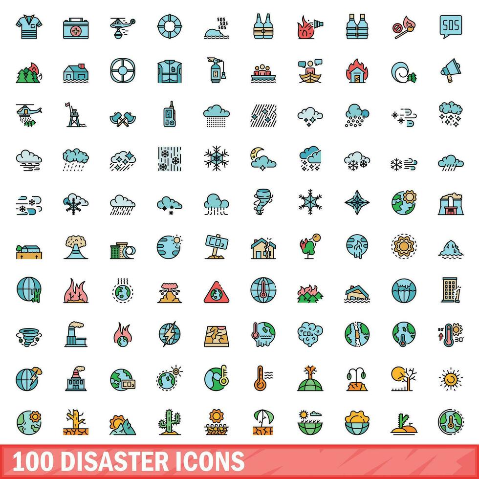 100 disaster icons set, color line style vector