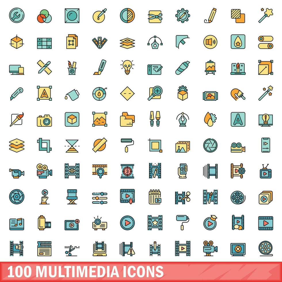 100 multimedia íconos colocar, color línea estilo vector