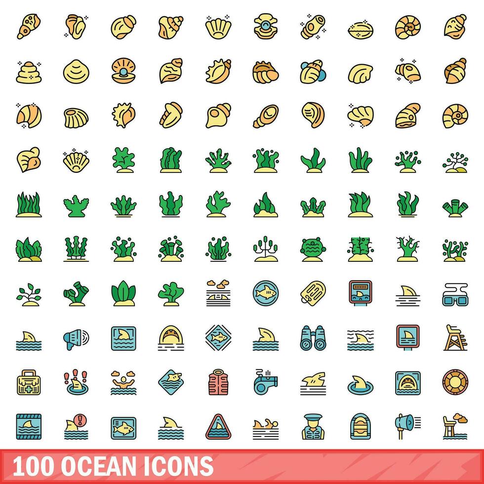 100 ocean icons set, color line style vector