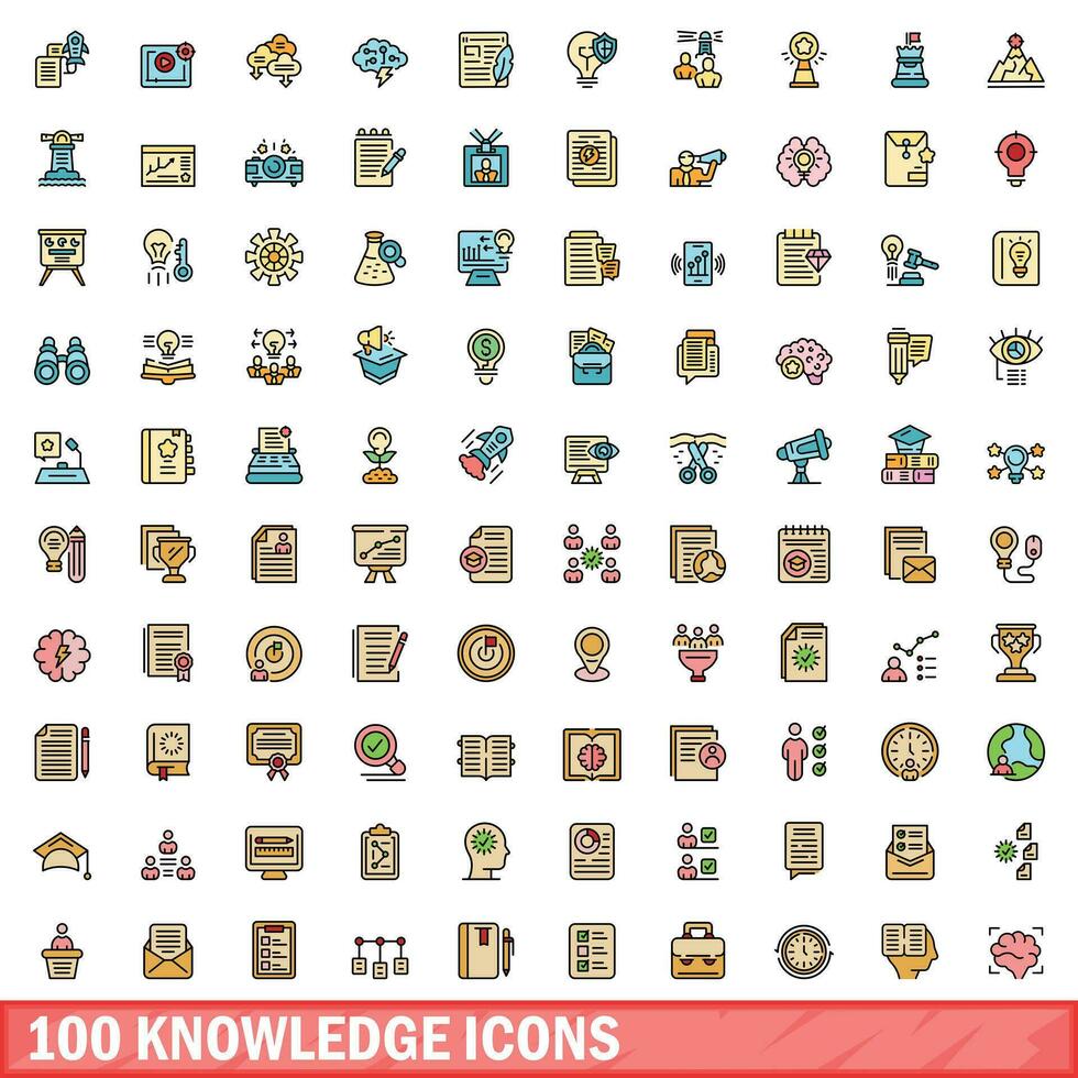 100 knowledge icons set, color line style vector