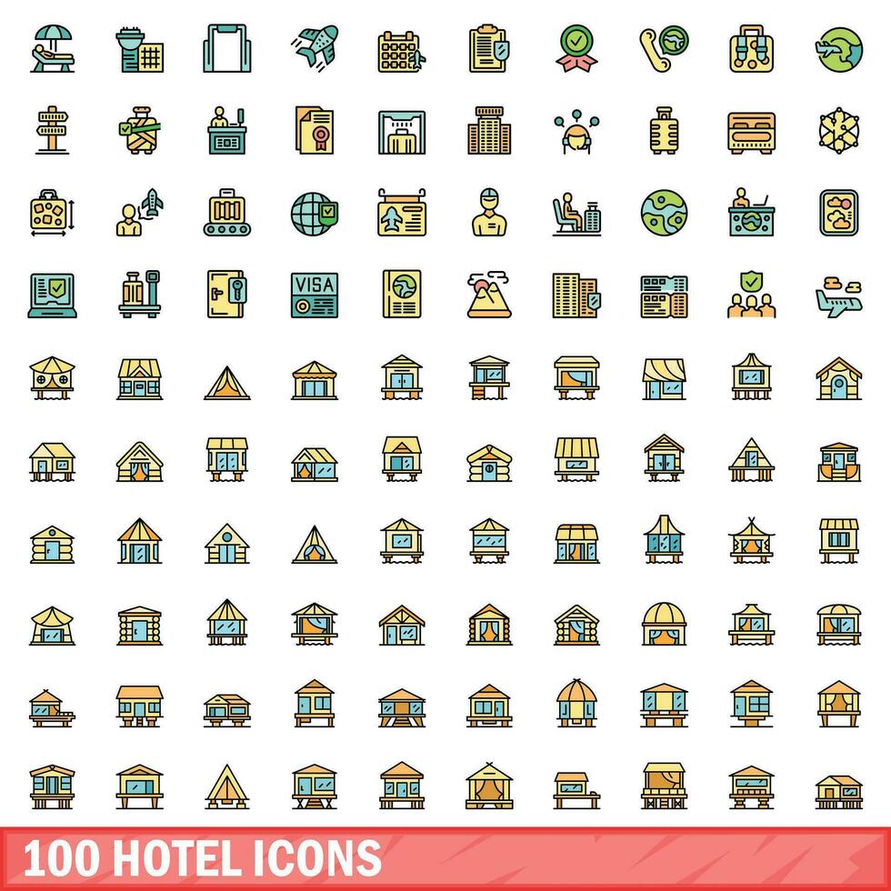 100 hotel icons set, color line style vector